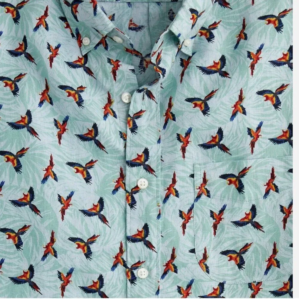 J.Crew 100% Linen Parrot Print Short Sleeve Button Down Shirt Men’s M Tropical